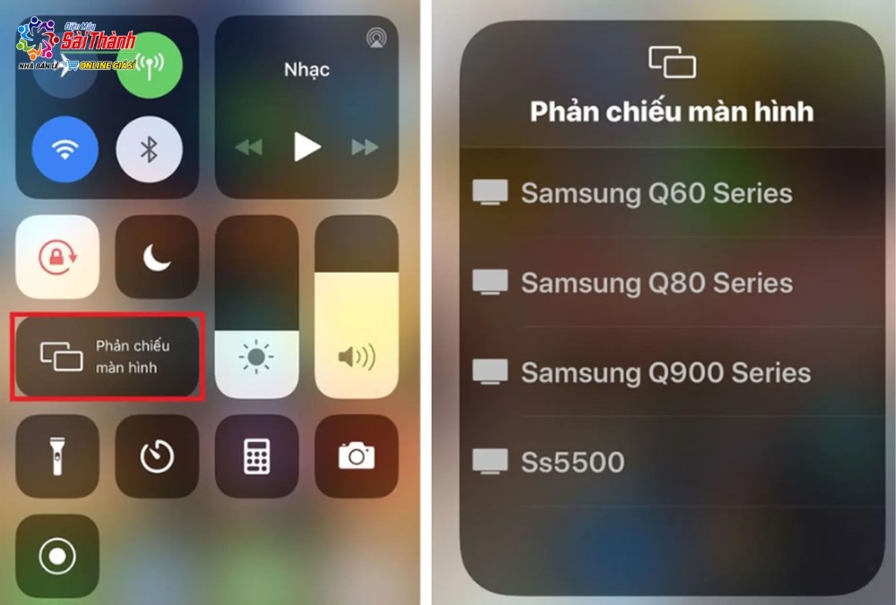 Nhấn vào biểu tượng “Phản chiếu màn hình” và chọn tên thiết bị tivi