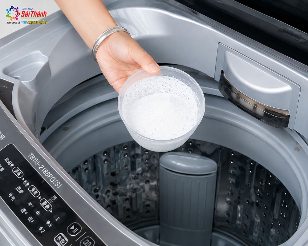 Cho hỗn hợp tẩy rửa vào lồng giặt đứng