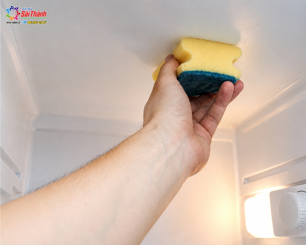 Dùng miếng bọt biển để lau chùi vệ sinh tủ lạnh