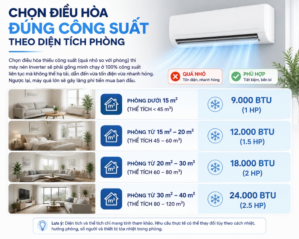 Chọn điều hòa Inverter đúng công suất theo diện tích phòng