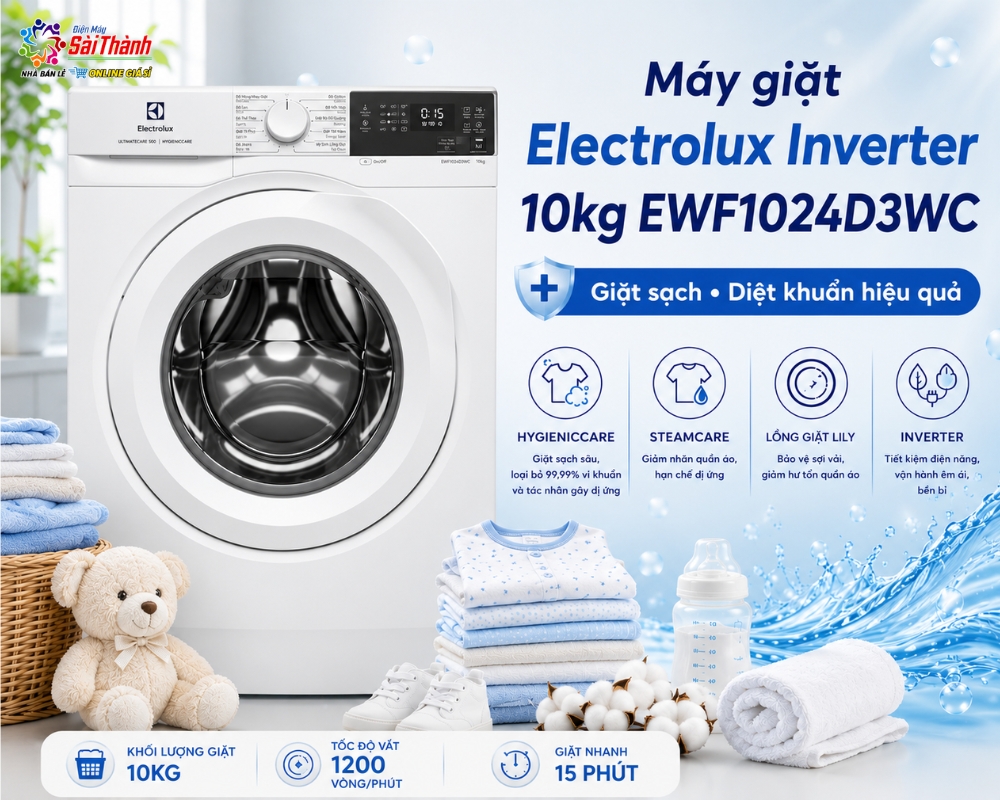 Máy giặt đồ em bé Electrolux Inverter 10kg EWF1024D3WC