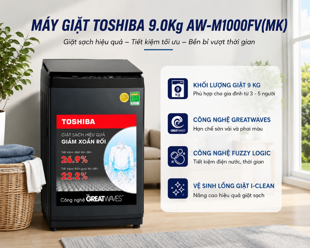 Mẫu máy giặt Toshiba 9.0Kg AW-M1000FV(MK)