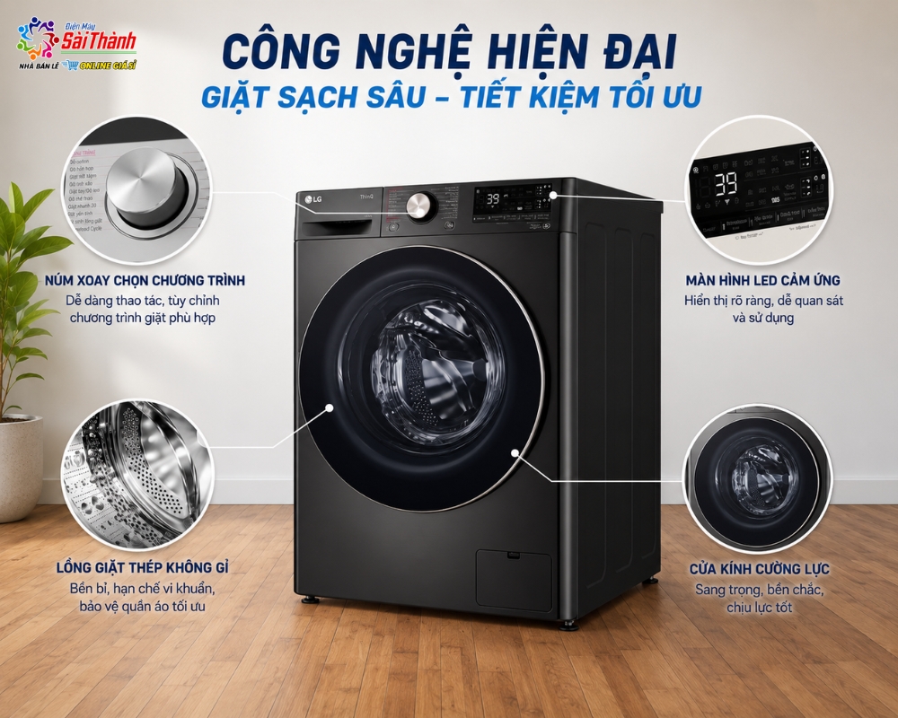 Máy giặt cửa ngang LG Inverter 14.0Kg FV1414S3BA có kiểu dáng nhỏ gọn, thiết kế hiện đại, dễ sử dụng