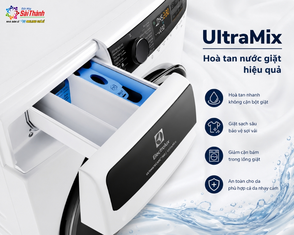 Máy giặt sấy Electrolux Inverter 13/9 Kg EWW1343R7WC sử dụng công nghệ UltraMix