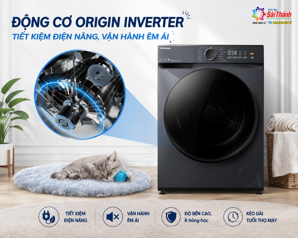 Máy giặt Toshiba Inverter 9.5Kg TW-T21BU105UWV(MG) sử dụng động cơ Origin Inverter giúp tiết kiệm điện và vận hành êm ái