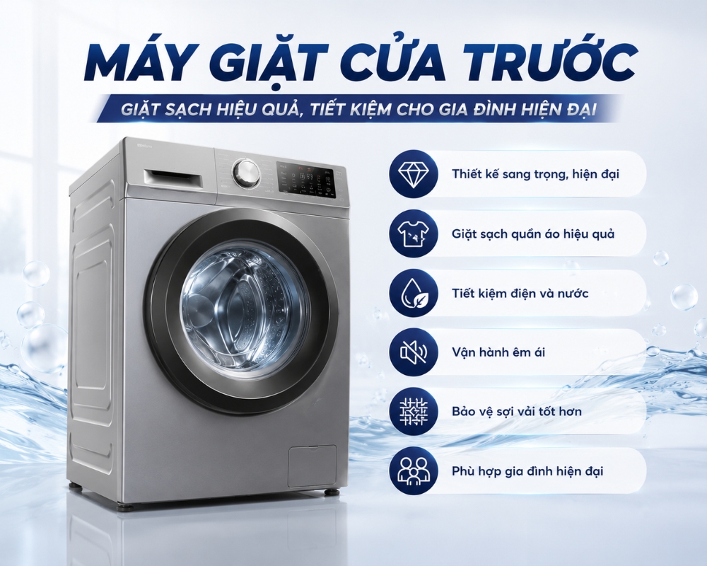 Máy giặt cửa trước là loại máy giặt có cửa mở ở mặt trước của thân máy