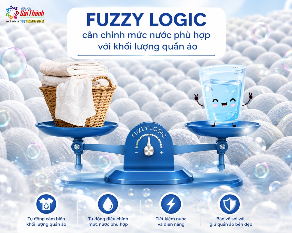 Máy giặt Sharp có tính năng Fuzzy Logic giúp tự động điều chỉnh lượng nước theo khối lượng quần áo