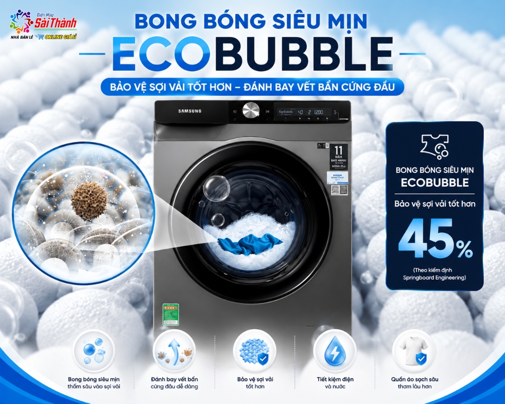Máy giặt Samsung AI inverter 9.0Kg WW90T634DLN/SV sử dụng công nghệ Eco Bubble