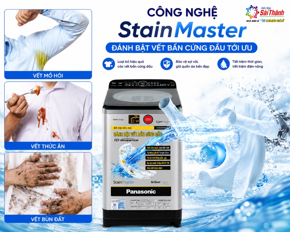 Máy giặt Panasonic sử dụng công nghệ StainMaster giúp giặt sạch sâu