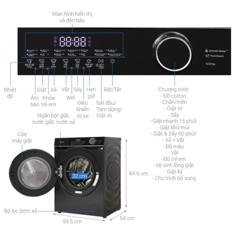 Máy giặt sấy Hisense Inverter 10.5 sấy 7 kg WD105M3