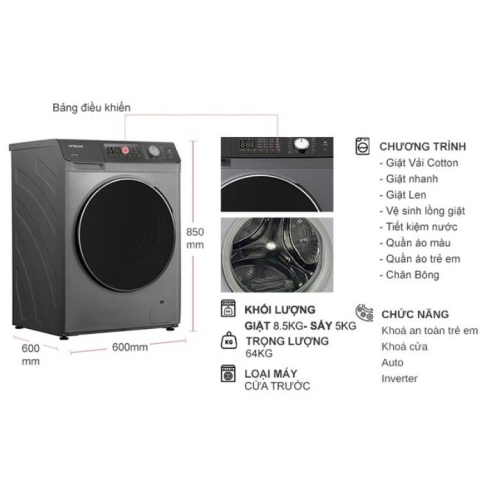 Máy giặt sấy Hitachi Inverter 8.5kg BD-D852HVOS
