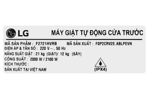 Máy giặt sấy LG AI DD Inverter giặt 21 kg - sấy 12 kg F2721HVRB