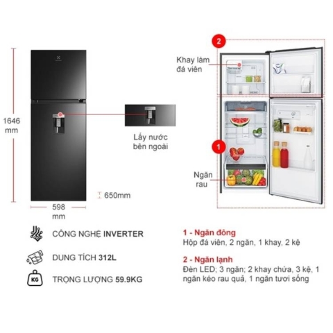 Tủ lạnh Electrolux Inverter 312 lít ETB3440M-H