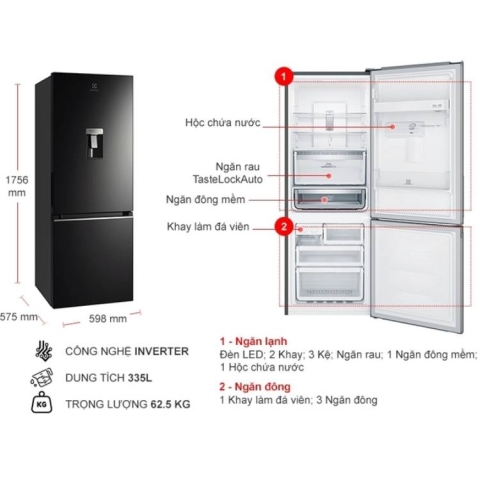 Tủ lạnh Electrolux Inverter 335 lít EBB3742K-H
