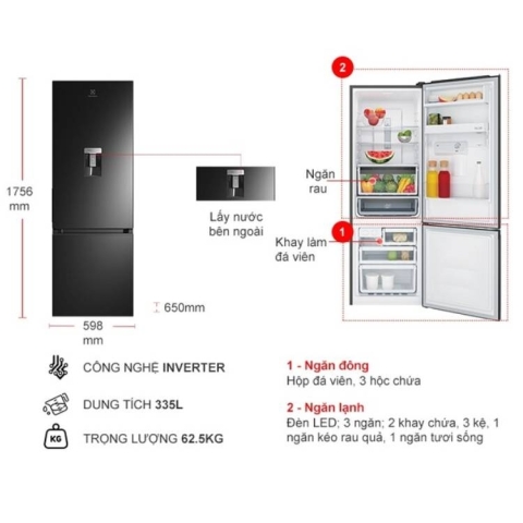 Tủ lạnh Electrolux Inverter 335 lít EBB3742M-H