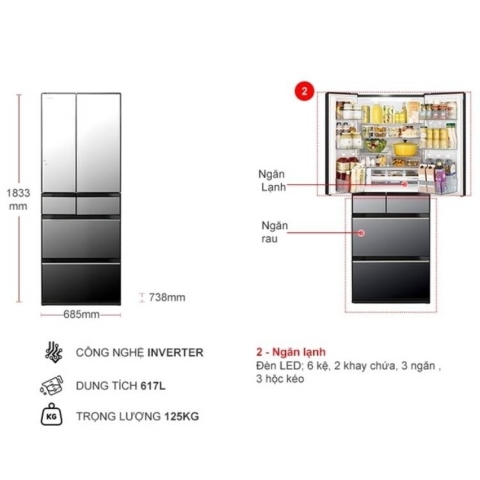 Tủ lạnh Hitachi 6 cửa Inverter 617 lít Multi Door R-HW620RV X