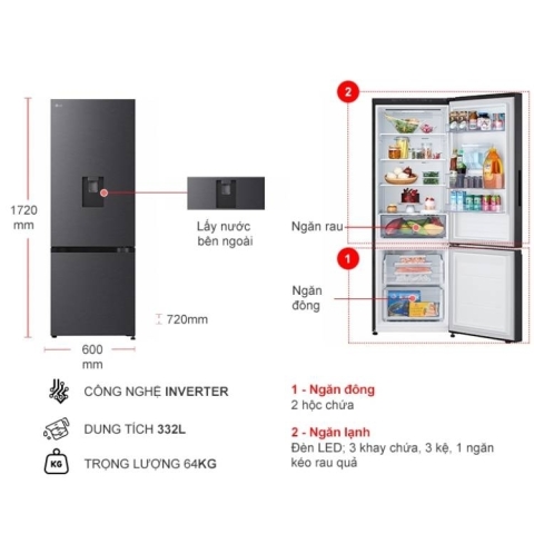 Tủ lạnh LG Inverter 332 lít LBD33BLM