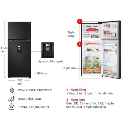 Tủ lạnh LG Inverter 374 lít LTD37BLM