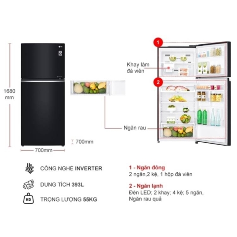 Tủ lạnh LG Inverter 393 lít GN-L422GB