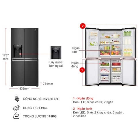 Tủ lạnh LG Inverter 494 lít Multi Door GR-D22MBI