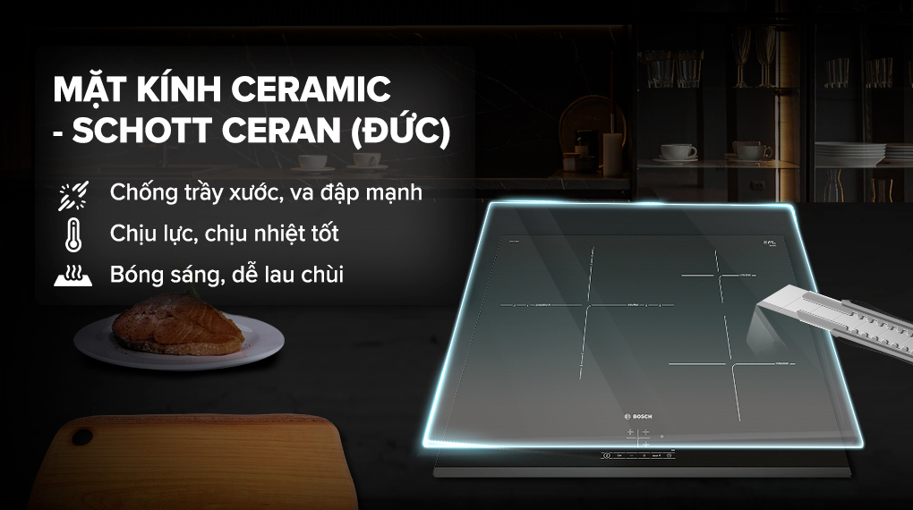 Mặt kính - Bếp từ ba vùng nấu lắp âm Bosch PID631BB1E
