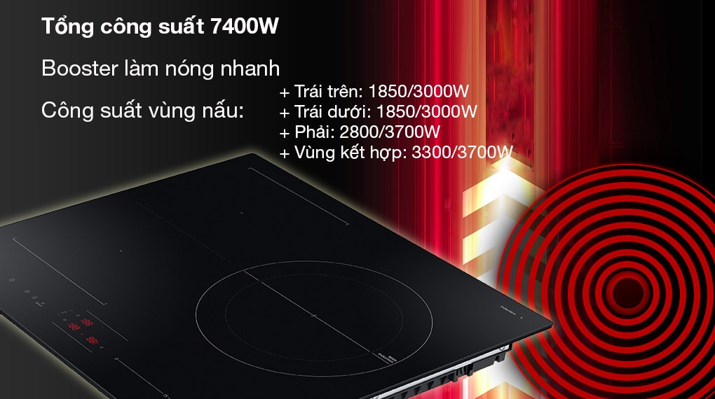 Bếp từ 3 vùng nấu Samsung NZ63B5046FK/SV - Công suất - Kích thước vùng nấu Bếp từ âm đa vùng nấu Samsung NZ63B5046FK/SV