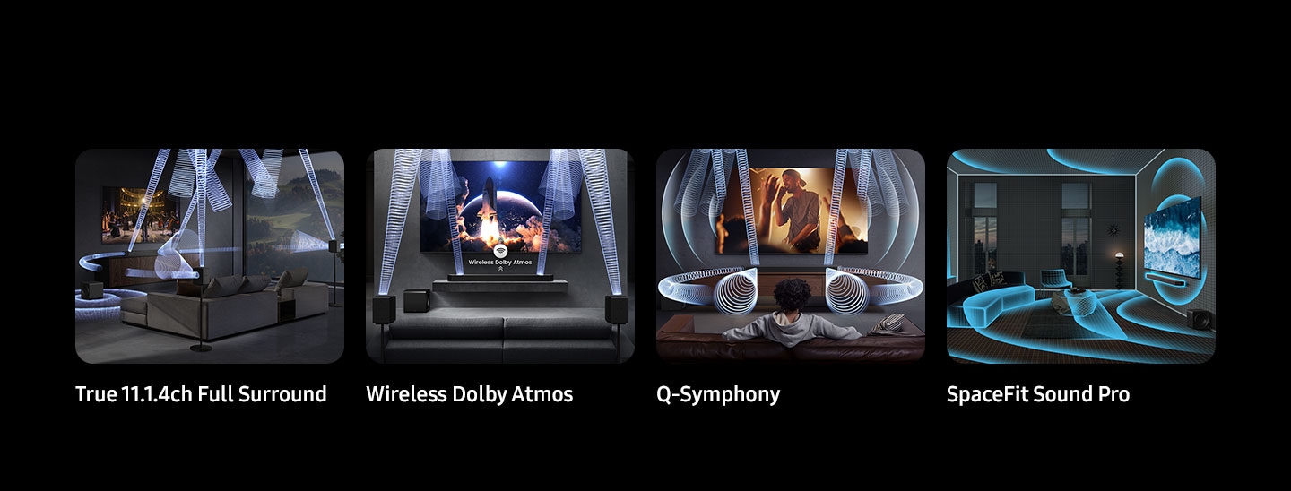 Đúng 11.1.4ch bao quanh toàn bộ, Dolby Atmos không dây, Q-Symphony, SpaceFit Sound Pro được hiển thị dưới dạng các tính năng chính cho Q990F.