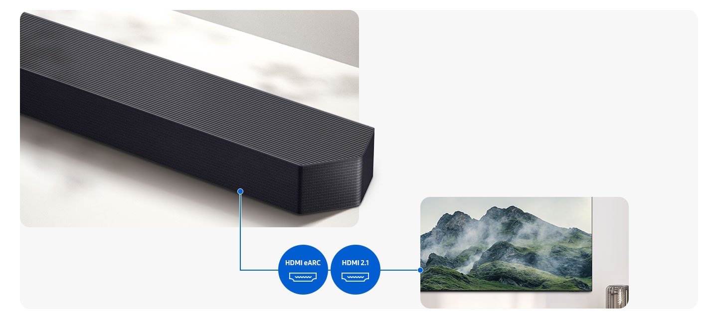 Cận cảnh một âm thanh Samsung. Một dòng kết nối soundbar với TV và hiển thị logo cho HDMI Earc và HDMI 2.1.