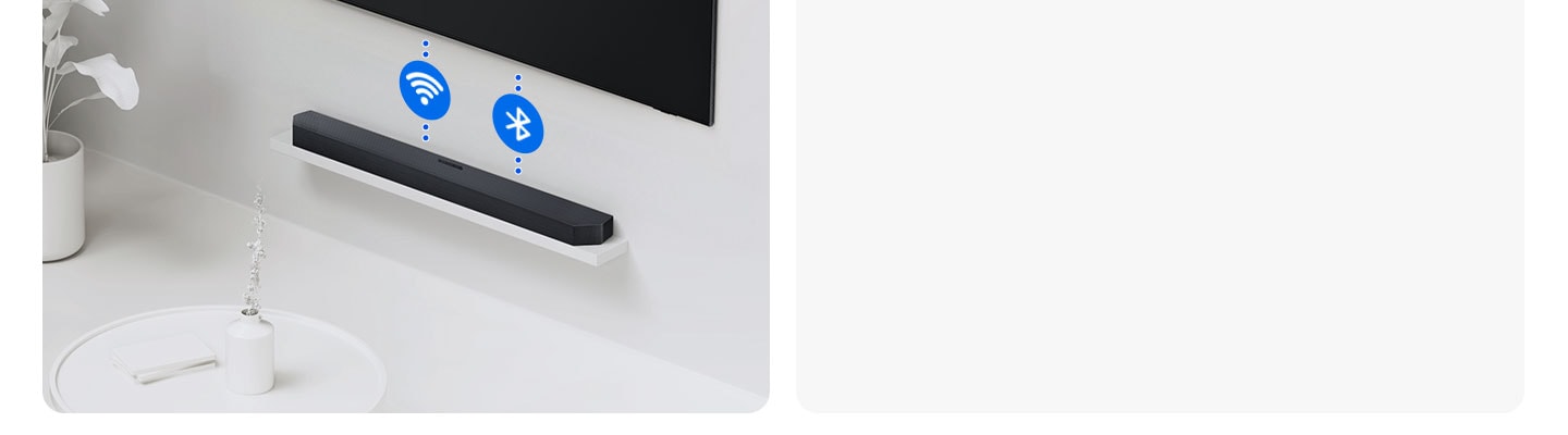 Một điều khiển từ xa được kết nối với cả TV và soundbar thông qua các đường chấm chấm và kèm theo các biểu tượng được cách điệu cho các thiết bị.