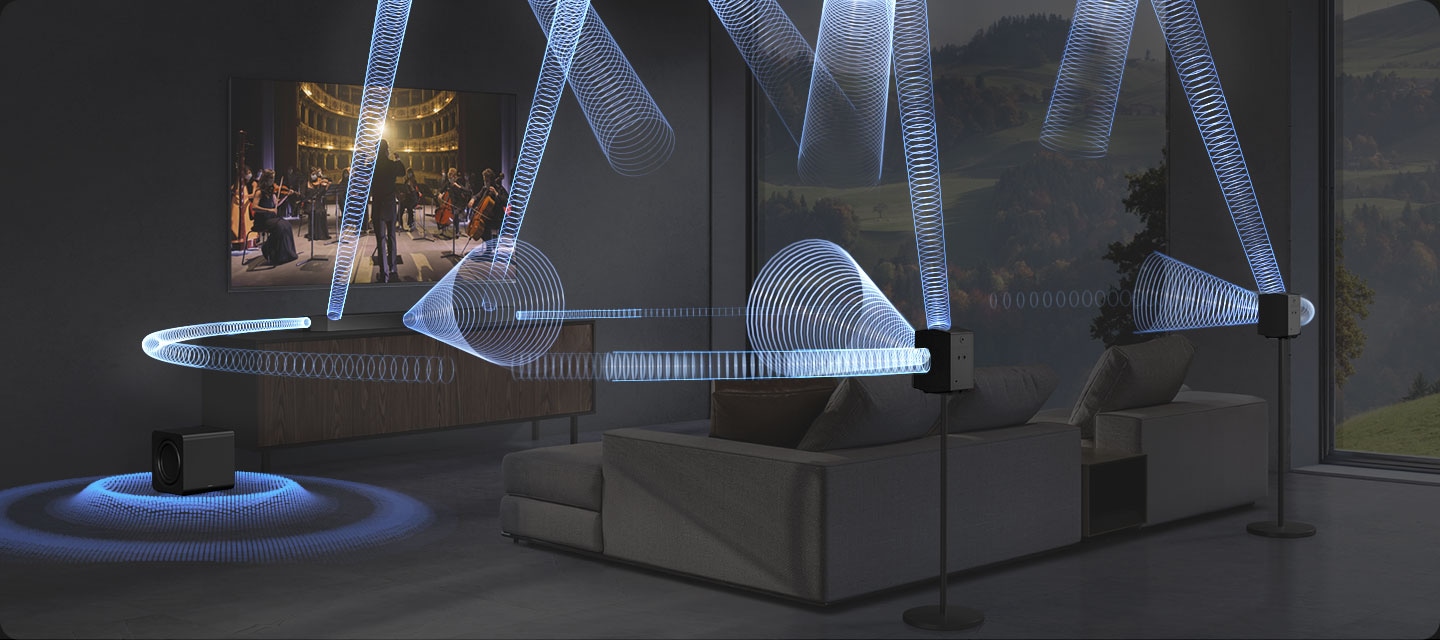 Khung cảnh phòng khách với TV và thiết lập Q990F đầy đủ. Sóng âm phát ra từ nhiều góc độ khác nhau từ thanh âm thanh được đặt bên dưới TV, loa siêu trầm trên sàn cạnh tủ truyền thông và loa phía sau ở bàn bên phía sau ghế sofa, đi theo nhiều hướng để lấp đầy căn phòng.