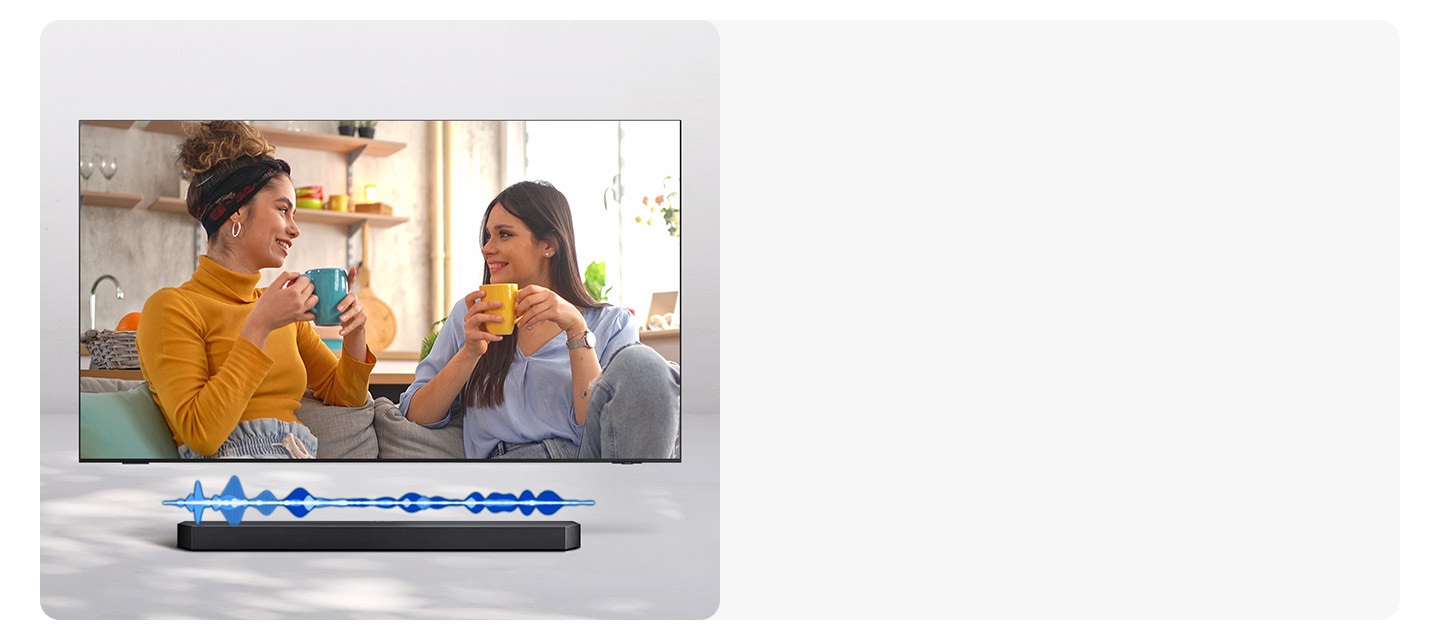 Một TV chu kỳ qua các cảnh khác nhau, bao gồm một cuộc trò chuyện giữa hai người phụ nữ, một trò chơi thể thao, một cảnh liên quan đến âm nhạc và một cảnh quay điện ảnh của một tàu vũ trụ cất cánh. Với mỗi cảnh, Soundbar được cài đặt bên dưới TV phát một mức âm lượng khác nhau, được biểu thị bằng một thanh âm thanh dao động.