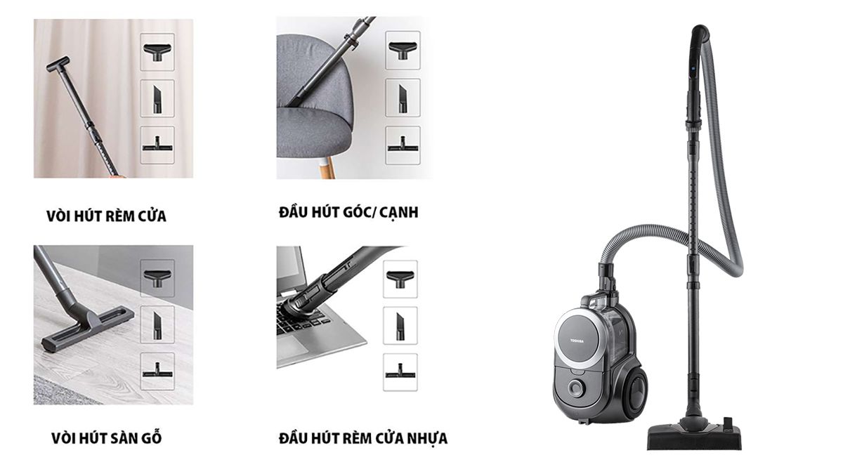 Máy hút bụi Toshiba VC-BL160F(K) được trang bị nhiều đầu hút đi kèm