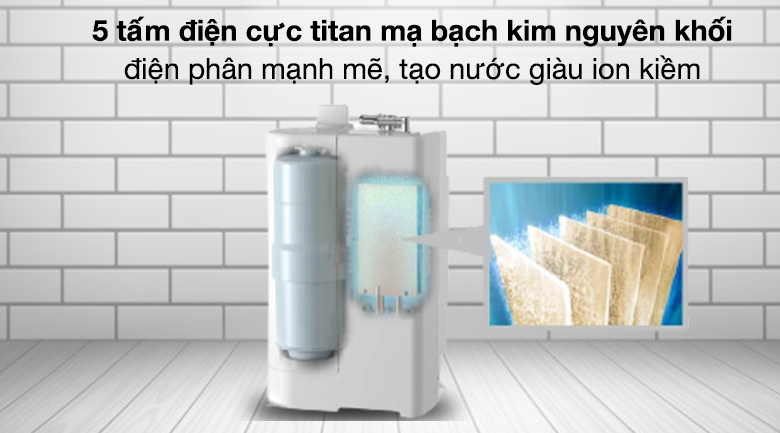 Tấm điện cực Công nghệ màng lọc sợi rỗng Nhật Bản loại bỏ hoàn toàn 17 tạp chất trong đó có 13 tạp chất được quy định theo Tiêu chuẩn Công nghiệp Nhật Bản - JIS , 4 tạp chất đã được quy định trong tiêu chuẩn Cơ quan lọc nước Nhật Bản - JWPA, thậm chí còn có thể loại bỏ các vi khuẩn cỡ nhỏ Loại bỏ tạp chất Tỷ lệ thu hồi Máy lọc nước ion kiềm Panasonic TK AB50 5 tấm điện cực Tấm điện cực Công nghệ màng lọc sợi rỗng Nhật Bản loại bỏ hoàn toàn 17 tạp chất trong đó có 13 tạp chất được quy định theo Tiêu chuẩn Công nghiệp Nhật Bản - JIS , 4 tạp chất đã được quy định trong tiêu chuẩn Cơ quan lọc nước Nhật Bản - JWPA, thậm chí còn có thể loại bỏ các vi khuẩn cỡ nhỏ Loại bỏ tạp chất Tỷ lệ thu hồi Máy lọc nước ion kiềm Panasonic TK AB50 5 tấm điện cực
